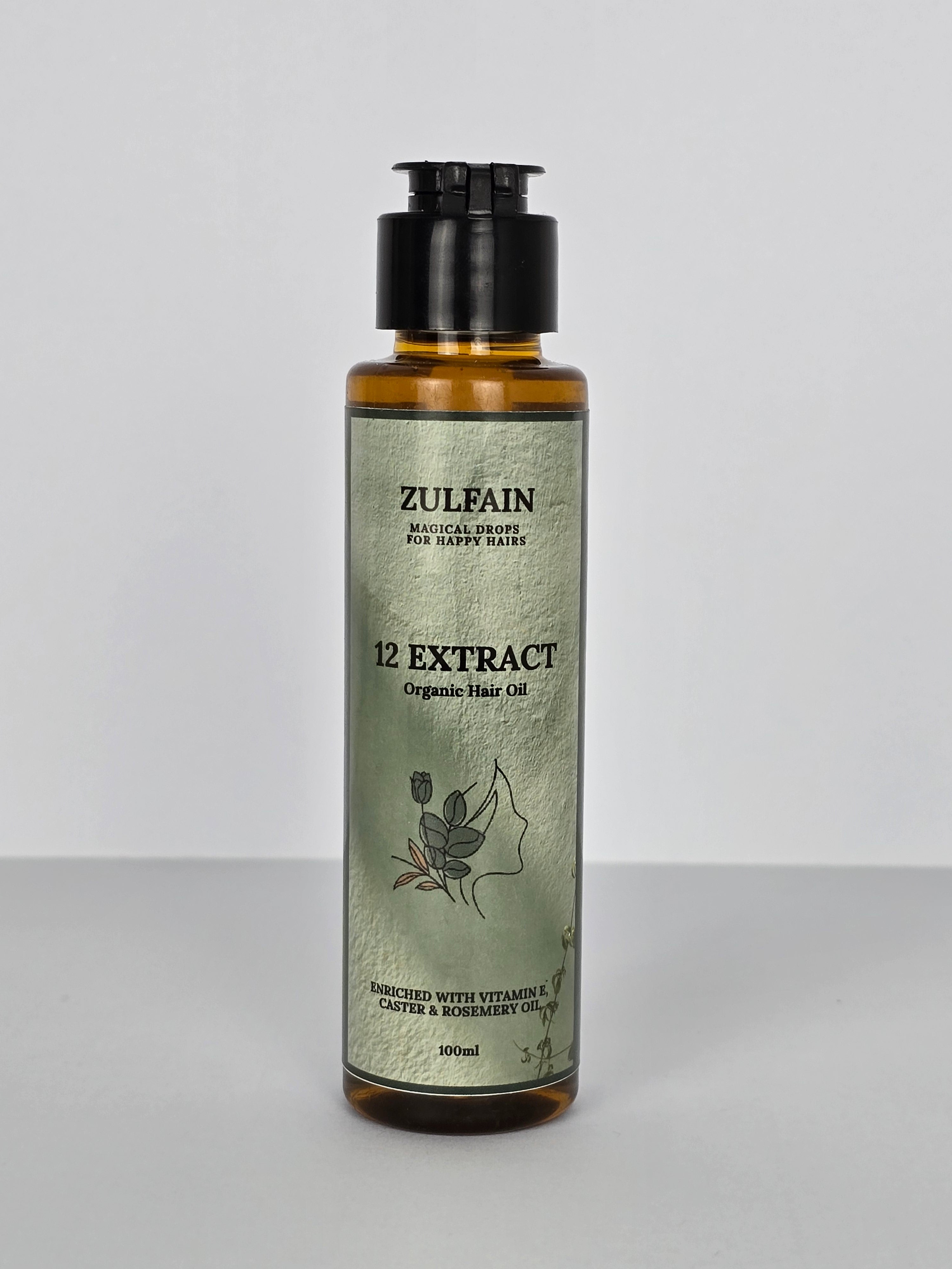 Zulfain 12 Extract Organic Hair Oil – Enriched with Vitamin E, Castor & Rosemary Oil